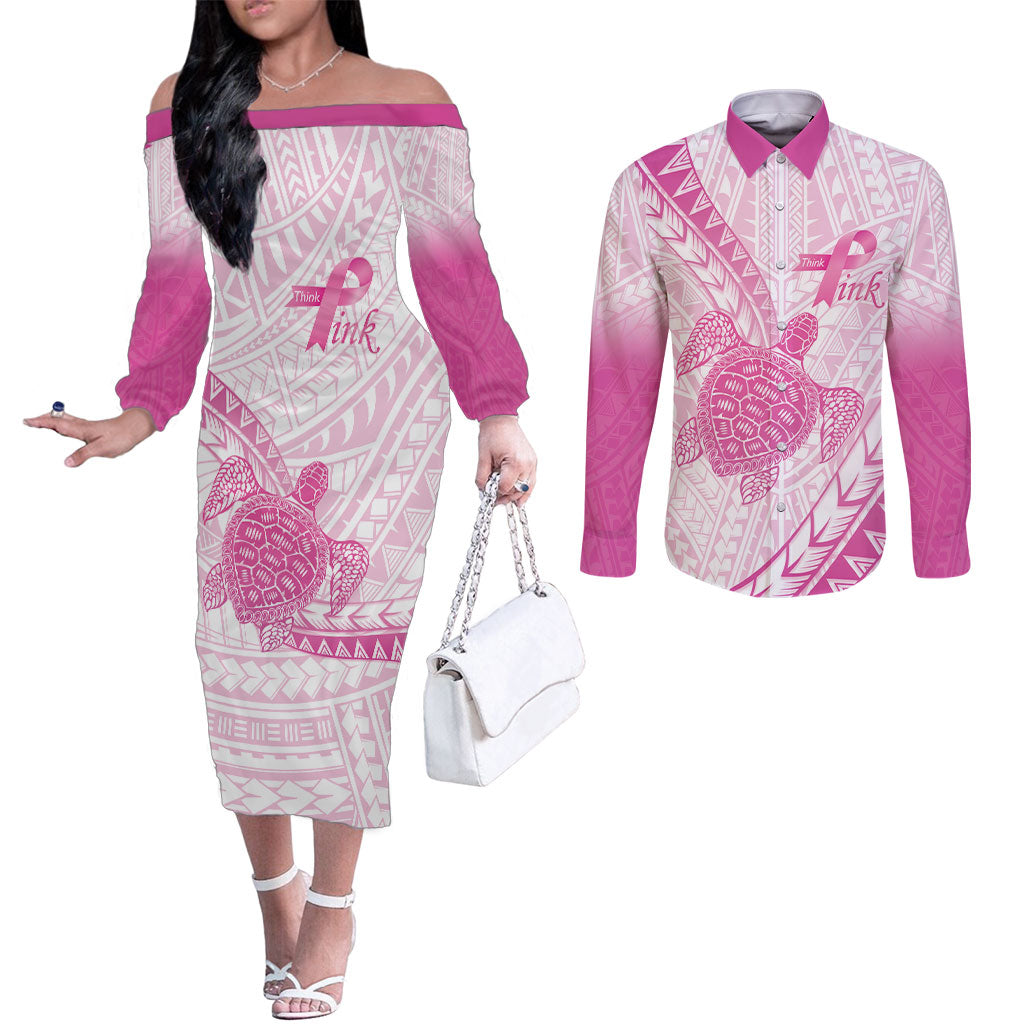 Breast Cancer Awareness Personalised Couples Matching Off The Shoulder Long Sleeve Dress and Long Sleeve Button Shirt Pink Ribbon Turtle Polynesian Pattern White LT22 Pink - Polynesian Pride