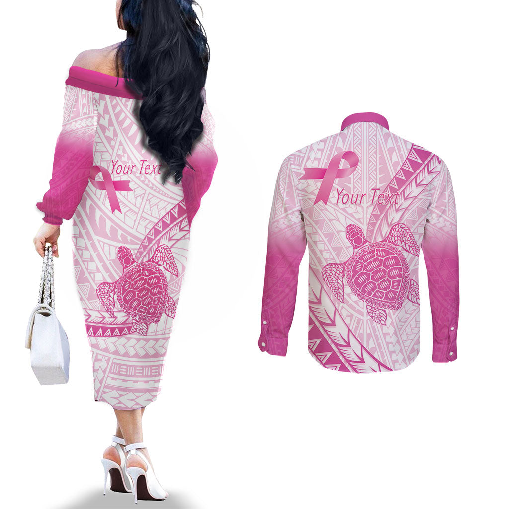 Breast Cancer Awareness Personalised Couples Matching Off The Shoulder Long Sleeve Dress and Long Sleeve Button Shirt Pink Ribbon Turtle Polynesian Pattern White LT22 - Polynesian Pride