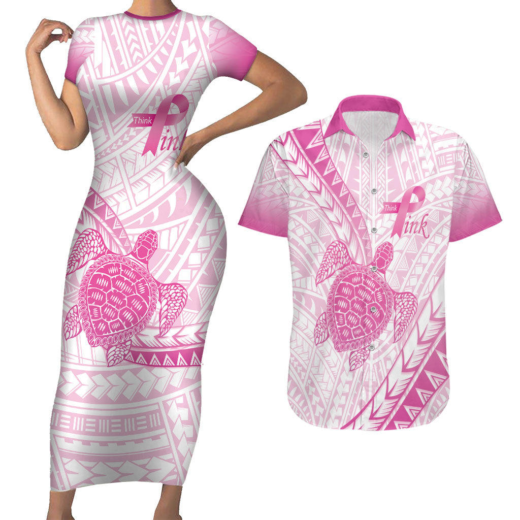 Breast Cancer Awareness Personalised Couples Matching Short Sleeve Bodycon Dress and Hawaiian Shirt Pink Ribbon Turtle Polynesian Pattern White LT22 Pink - Polynesian Pride