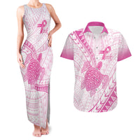 Breast Cancer Awareness Personalised Couples Matching Tank Maxi Dress and Hawaiian Shirt Pink Ribbon Turtle Polynesian Pattern White LT22 Pink - Polynesian Pride