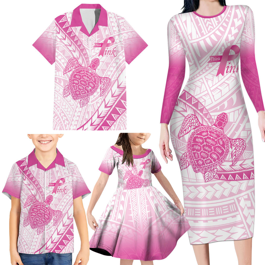 Breast Cancer Awareness Personalised Family Matching Long Sleeve Bodycon Dress and Hawaiian Shirt Pink Ribbon Turtle Polynesian Pattern White