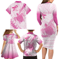 Breast Cancer Awareness Personalised Family Matching Long Sleeve Bodycon Dress and Hawaiian Shirt Pink Ribbon Turtle Polynesian Pattern White