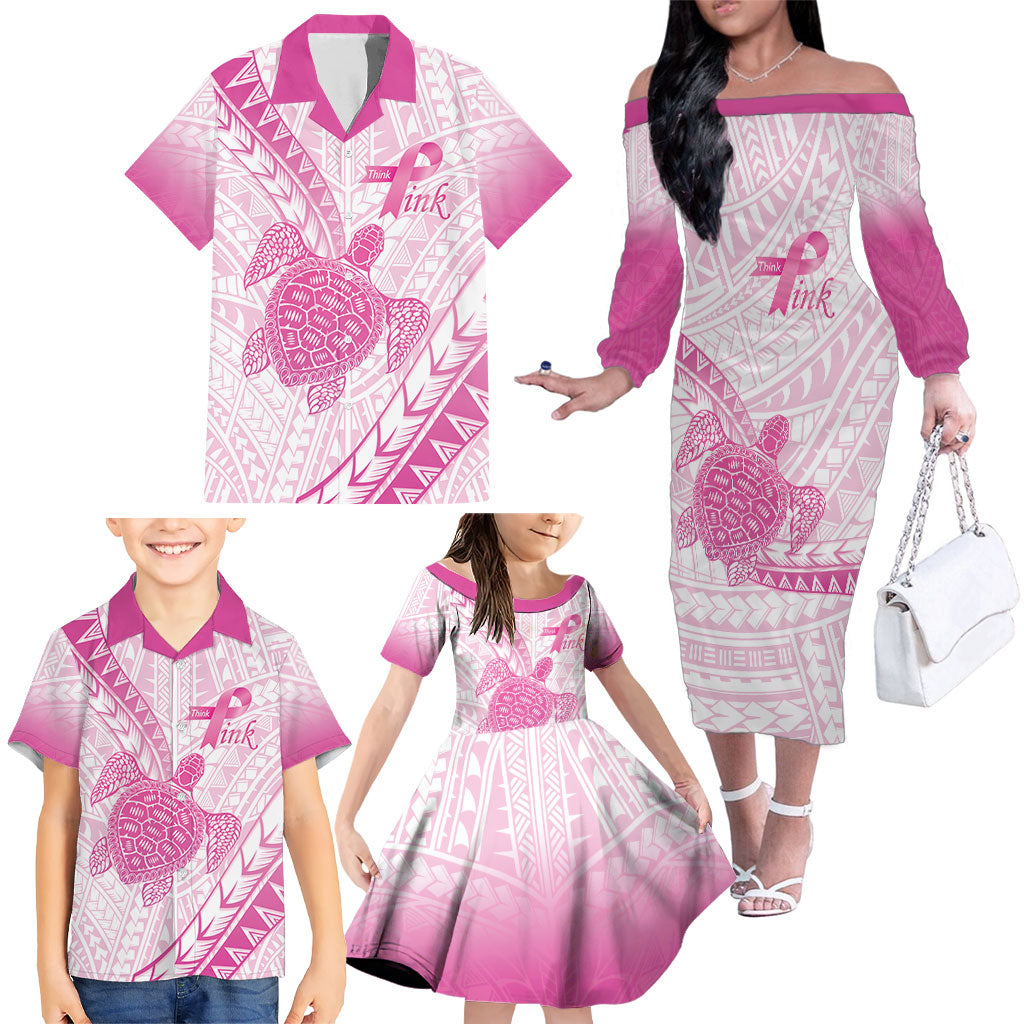 Breast Cancer Awareness Personalised Family Matching Off The Shoulder Long Sleeve Dress and Hawaiian Shirt Pink Ribbon Turtle Polynesian Pattern White