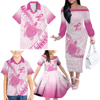 Breast Cancer Awareness Personalised Family Matching Off The Shoulder Long Sleeve Dress and Hawaiian Shirt Pink Ribbon Turtle Polynesian Pattern White
