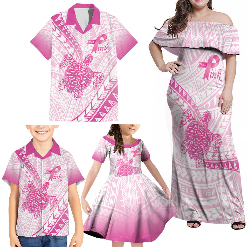 Breast Cancer Awareness Personalised Family Matching Off Shoulder Maxi Dress and Hawaiian Shirt Pink Ribbon Turtle Polynesian Pattern White LT22 - Polynesian Pride