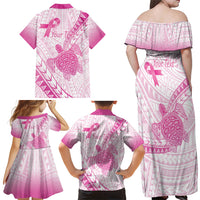 Breast Cancer Awareness Personalised Family Matching Off Shoulder Maxi Dress and Hawaiian Shirt Pink Ribbon Turtle Polynesian Pattern White LT22 - Polynesian Pride