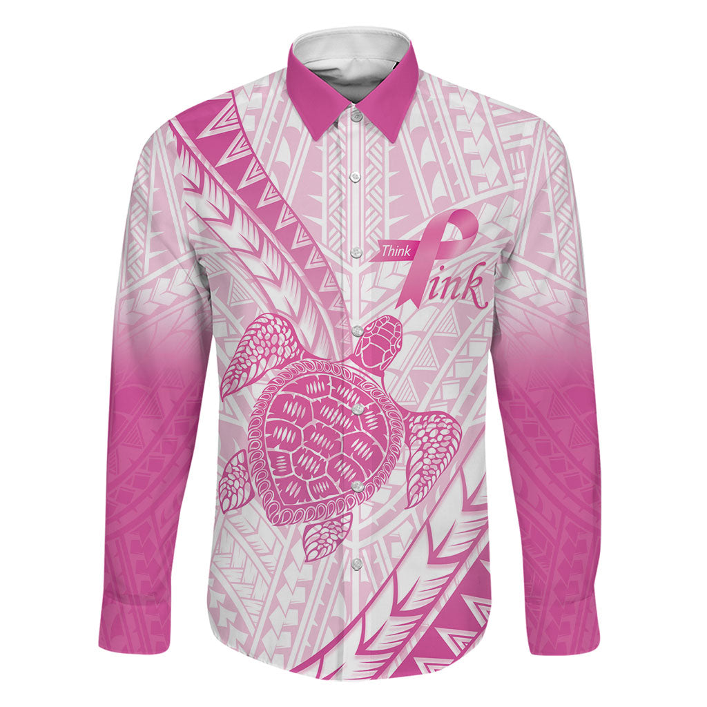 Breast Cancer Awareness Personalised Family Matching Off Shoulder Short Dress and Hawaiian Shirt Pink Ribbon Turtle Polynesian Pattern White LT22 Dad's Shirt - Long Sleeve Pink - Polynesian Pride