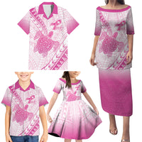 Breast Cancer Awareness Personalised Family Matching Puletasi and Hawaiian Shirt Pink Ribbon Turtle Polynesian Pattern White LT22 - Polynesian Pride