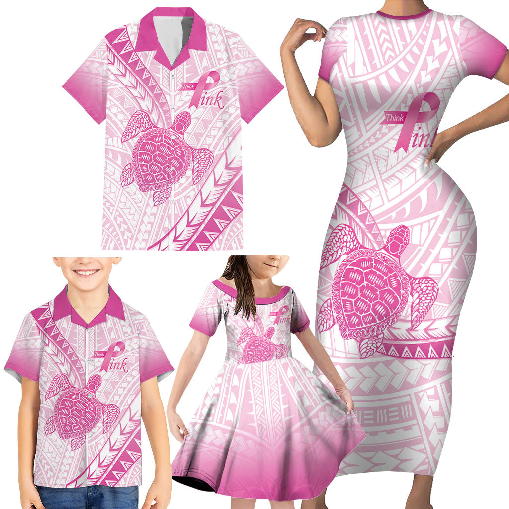 Breast Cancer Awareness Personalised Family Matching Short Sleeve Bodycon Dress and Hawaiian Shirt Pink Ribbon Turtle Polynesian Pattern White