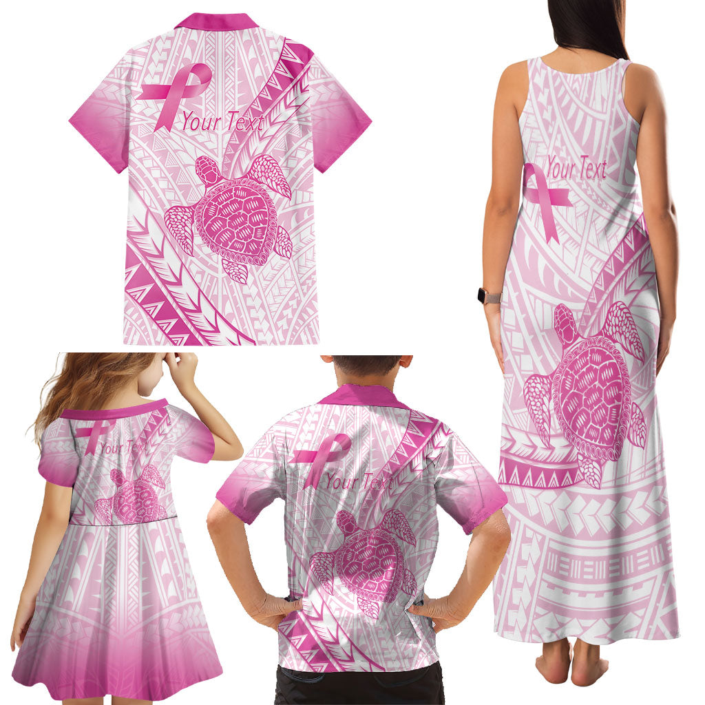 Breast Cancer Awareness Personalised Family Matching Tank Maxi Dress and Hawaiian Shirt Pink Ribbon Turtle Polynesian Pattern White