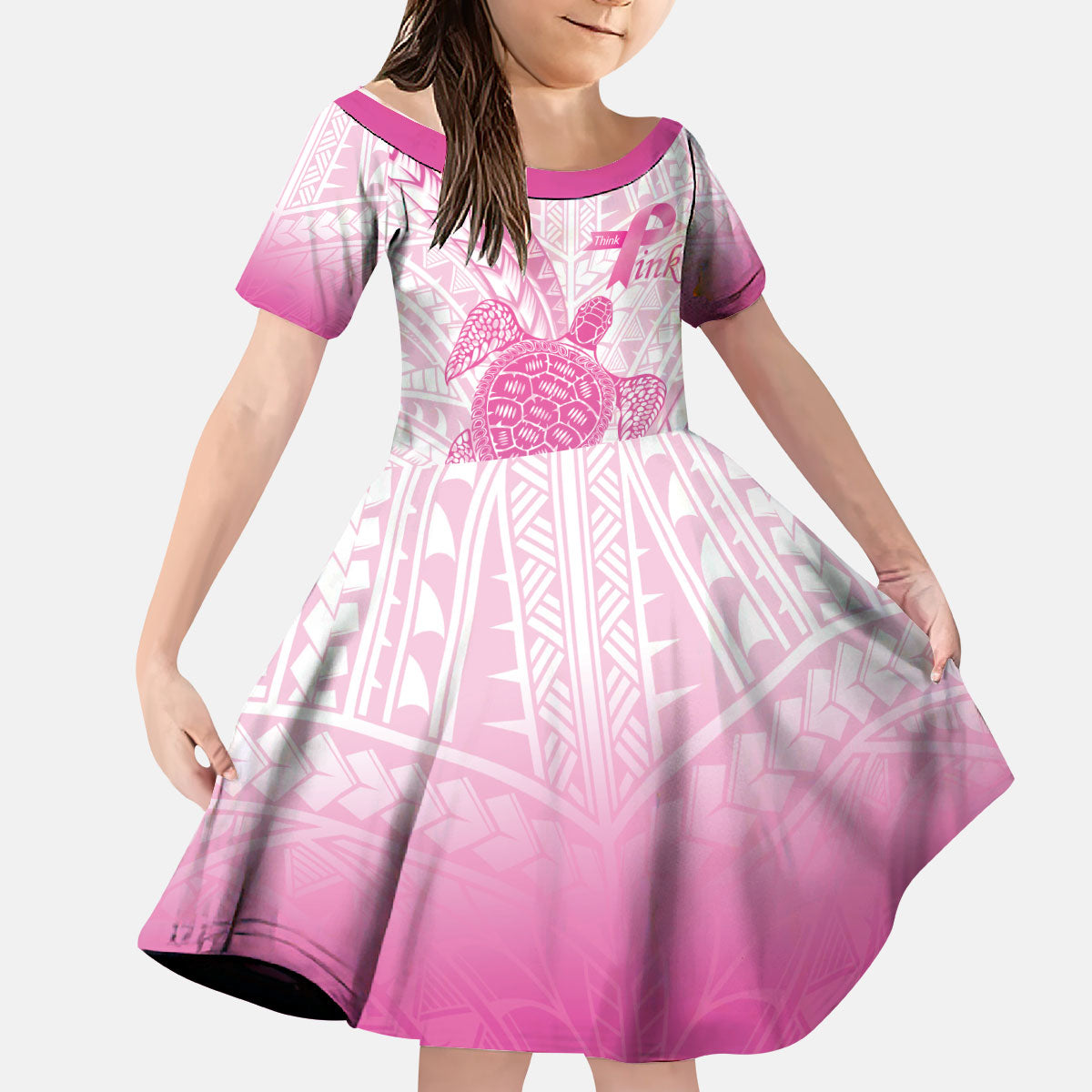 Breast Cancer Awareness Personalised Kid Short Sleeve Dress Pink Ribbon Turtle Polynesian Pattern White LT22 KID Pink - Polynesian Pride