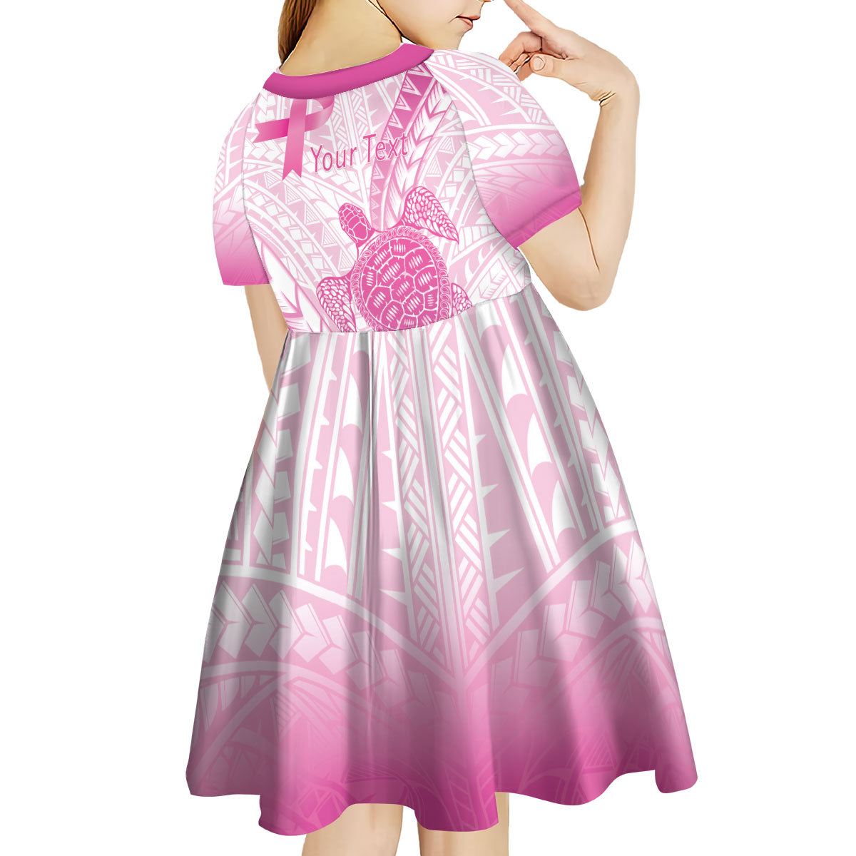 Breast Cancer Awareness Personalised Kid Short Sleeve Dress Pink Ribbon Turtle Polynesian Pattern White LT22 - Polynesian Pride