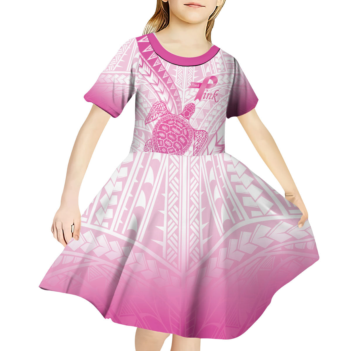 Breast Cancer Awareness Personalised Kid Short Sleeve Dress Pink Ribbon Turtle Polynesian Pattern White LT22 - Polynesian Pride
