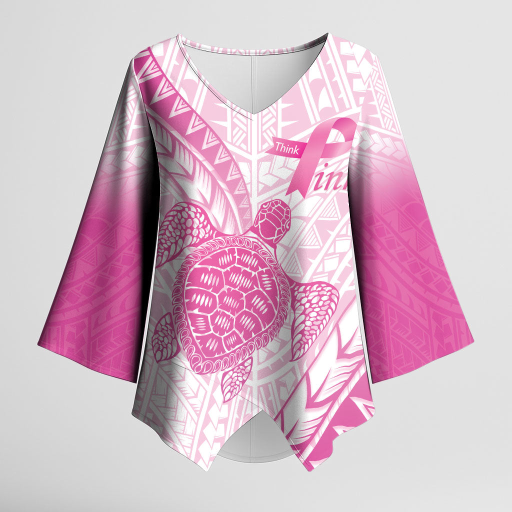 Breast Cancer Awareness Personalised Kimono Sleeve Blouse Pink Ribbon Turtle Polynesian Pattern White