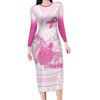 Breast Cancer Awareness Personalised Long Sleeve Bodycon Dress Pink Ribbon Turtle Polynesian Pattern White LT22 Long Dress Pink - Polynesian Pride