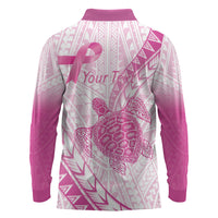 Breast Cancer Awareness Personalised Long Sleeve Polo Shirt Pink Ribbon Turtle Polynesian Pattern White