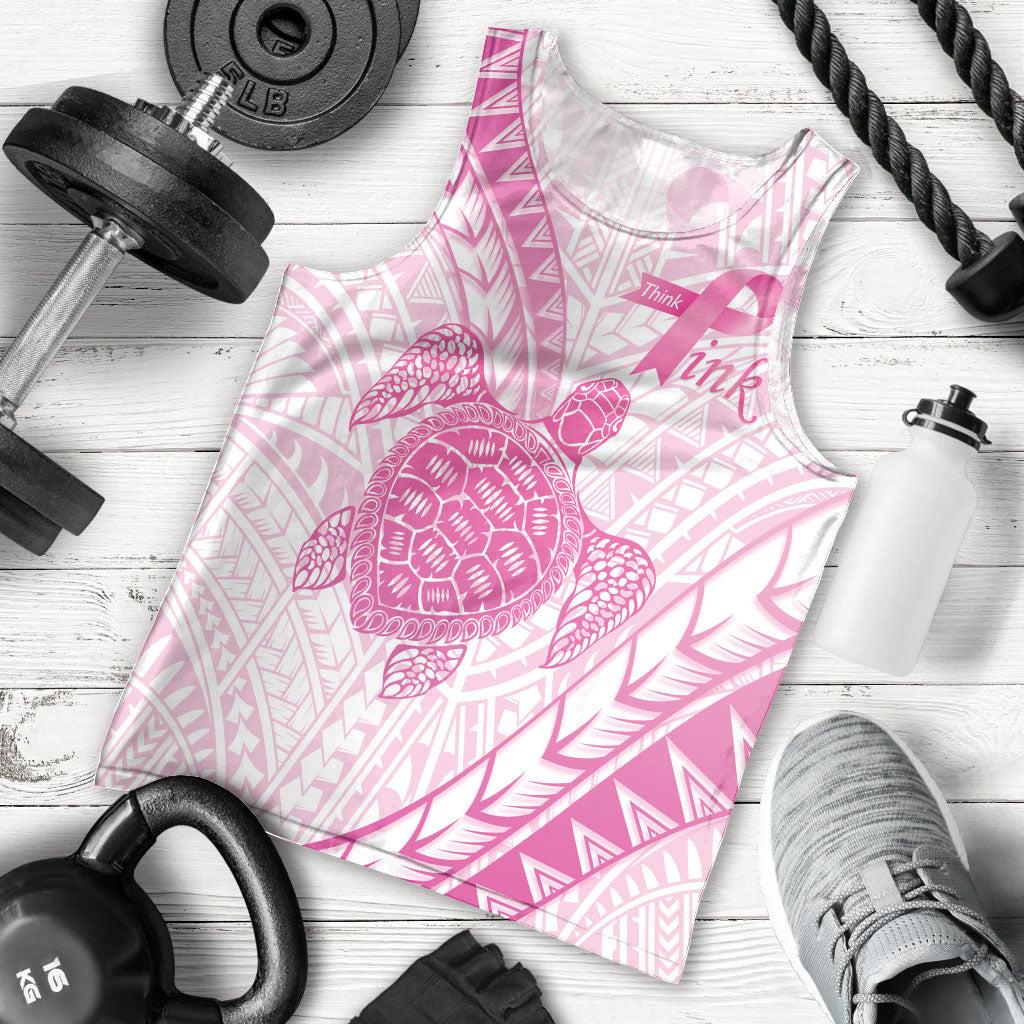 Breast Cancer Awareness Personalised Men Tank Top Pink Ribbon Turtle Polynesian Pattern White