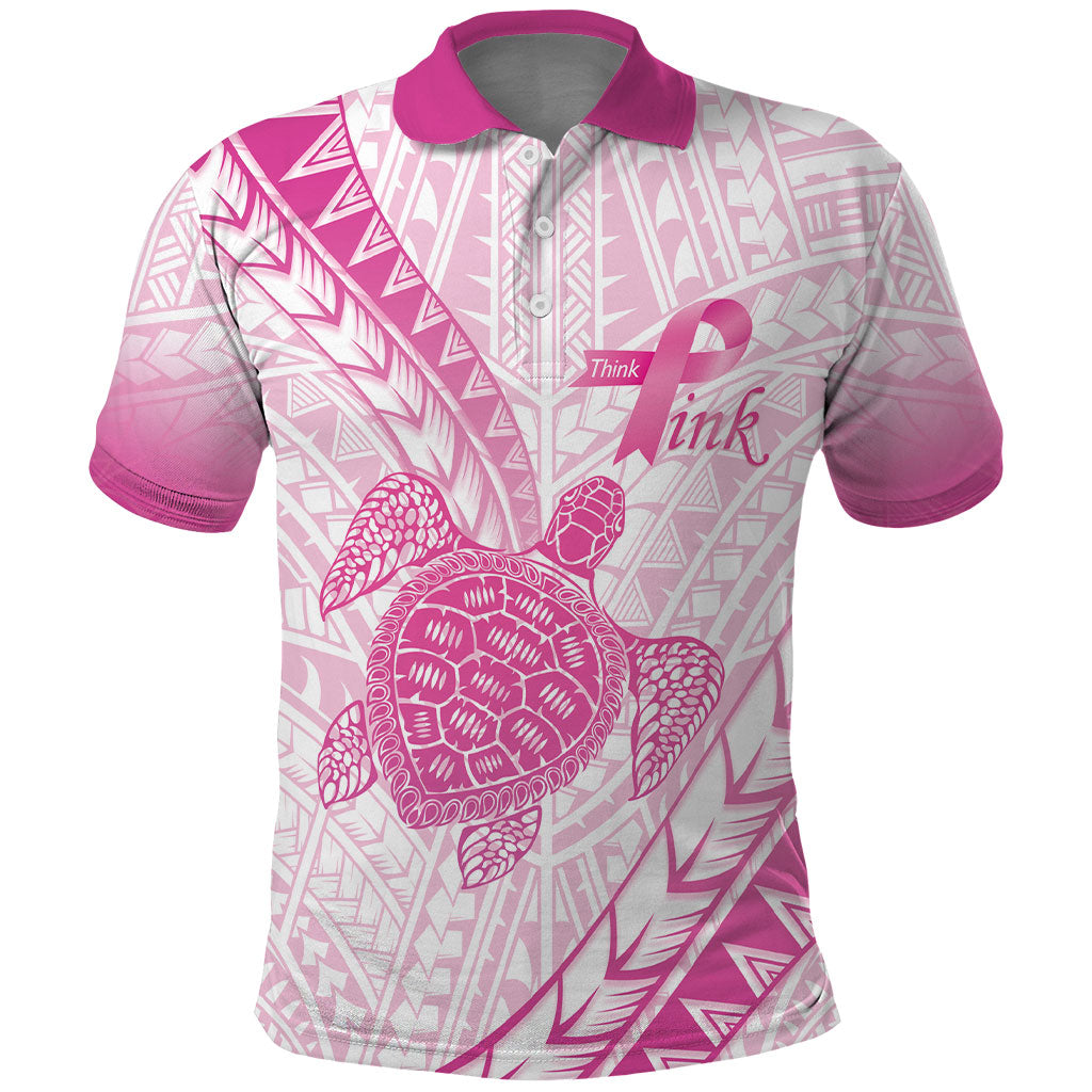 Breast Cancer Awareness Personalised Polo Shirt Pink Ribbon Turtle Polynesian Pattern White