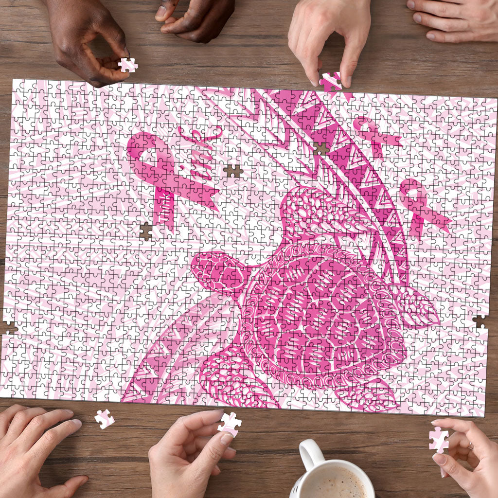 Breast Cancer Awareness Puzzle Pink Ribbon Turtle Polynesian Pattern White LT22 - Polynesian Pride