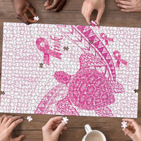 Breast Cancer Awareness Puzzle Pink Ribbon Turtle Polynesian Pattern White LT22 - Polynesian Pride