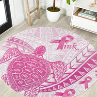 Breast Cancer Awareness Round Carpet Pink Ribbon Turtle Polynesian Pattern White