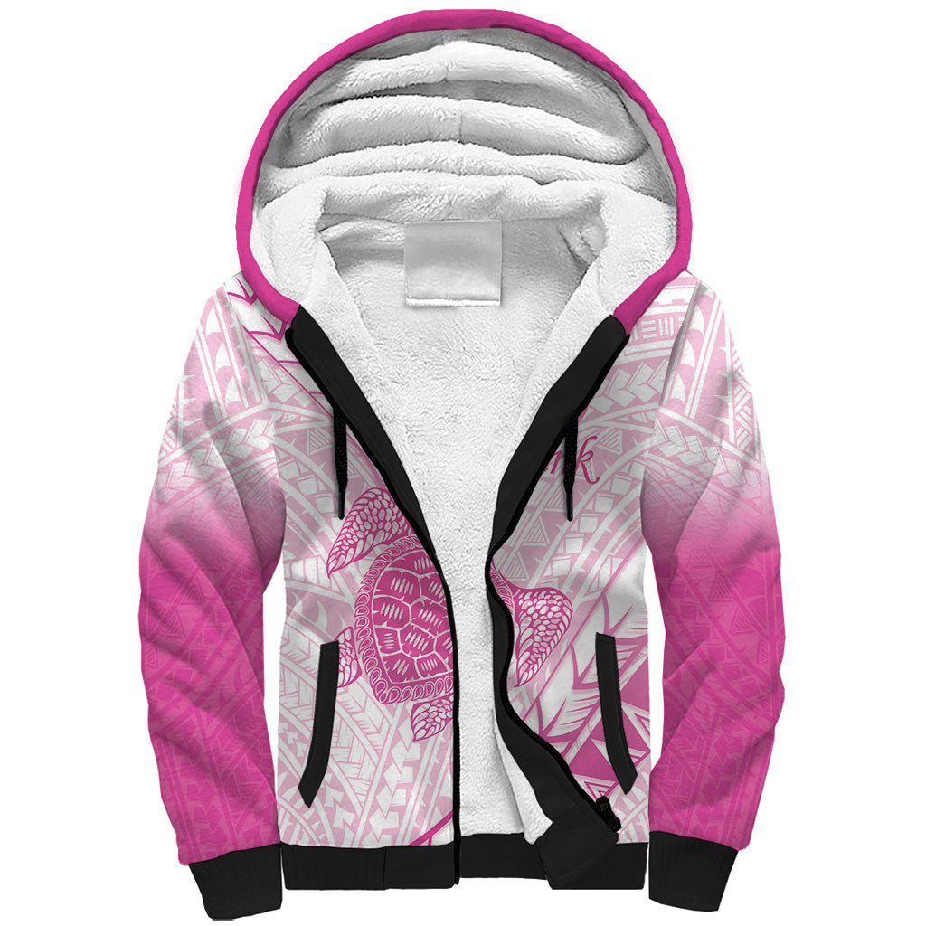 Breast Cancer Awareness Personalised Sherpa Hoodie Pink Ribbon Turtle Polynesian Pattern White LT22 Unisex Pink - Polynesian Pride