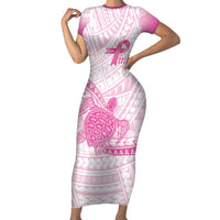 Breast Cancer Awareness Personalised Short Sleeve Bodycon Dress Pink Ribbon Turtle Polynesian Pattern White LT22 Long Dress Pink - Polynesian Pride