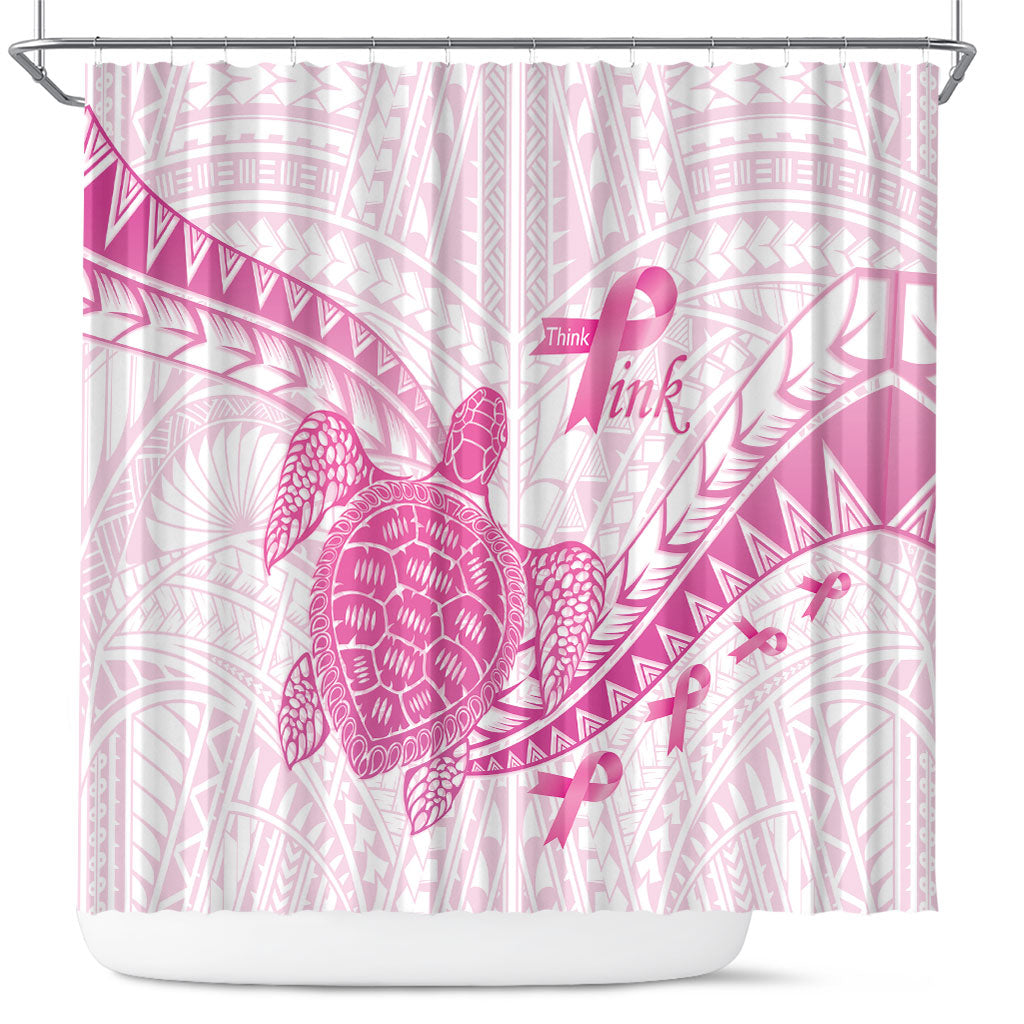 Breast Cancer Awareness Shower Curtain Pink Ribbon Turtle Polynesian Pattern White