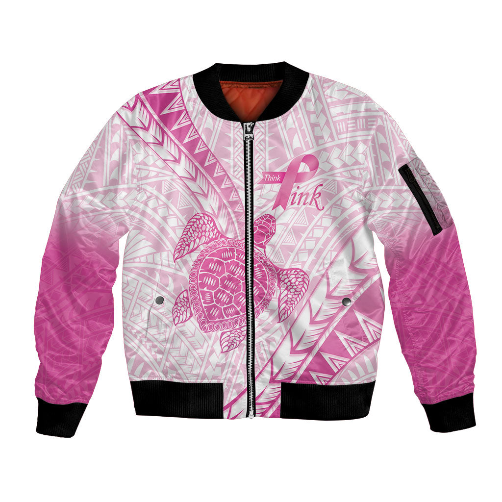 Breast Cancer Awareness Personalised Sleeve Zip Bomber Jacket Pink Ribbon Turtle Polynesian Pattern White
