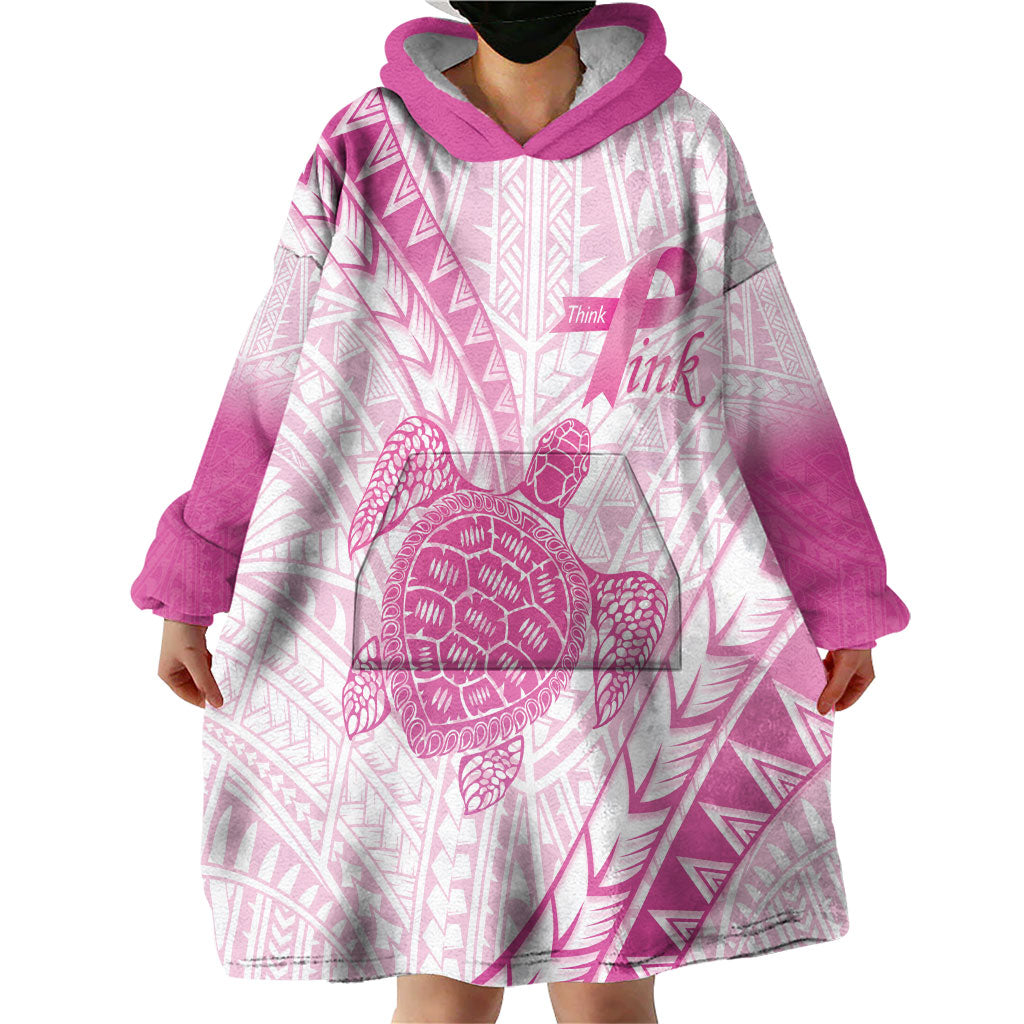Breast Cancer Awareness Personalised Wearable Blanket Hoodie Pink Ribbon Turtle Polynesian Pattern White