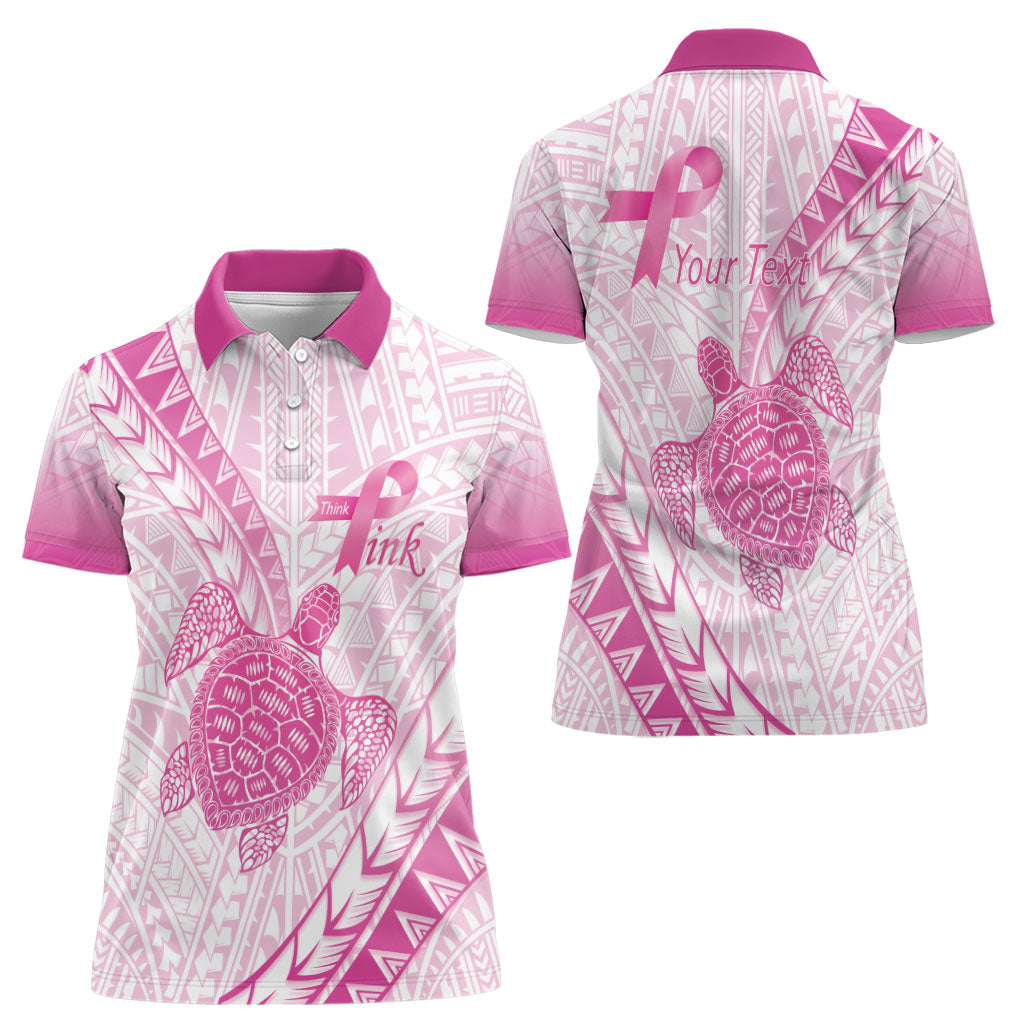 Breast Cancer Awareness Personalised Women Polo Shirt Pink Ribbon Turtle Polynesian Pattern White