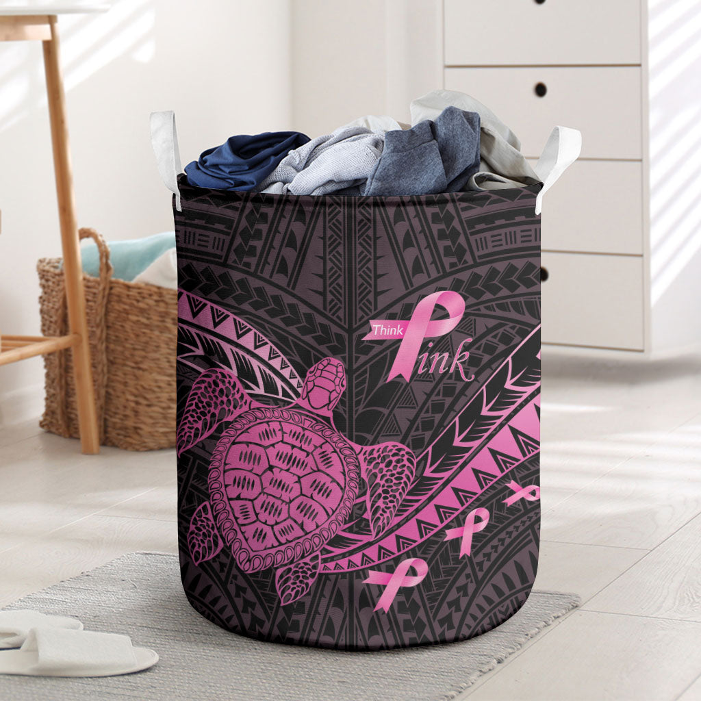 Breast Cancer Awareness Laundry Basket Pink Ribbon Turtle Polynesian Pattern Black
