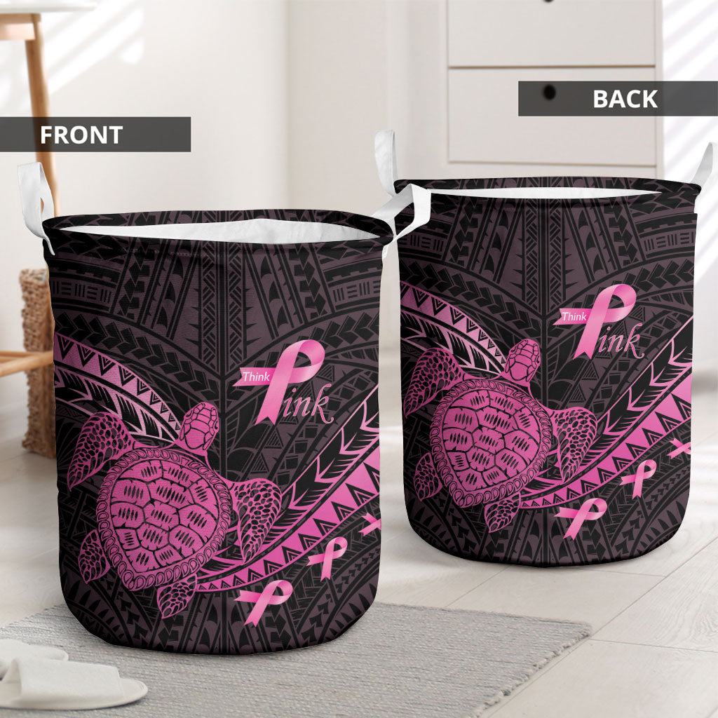 Breast Cancer Awareness Laundry Basket Pink Ribbon Turtle Polynesian Pattern Black