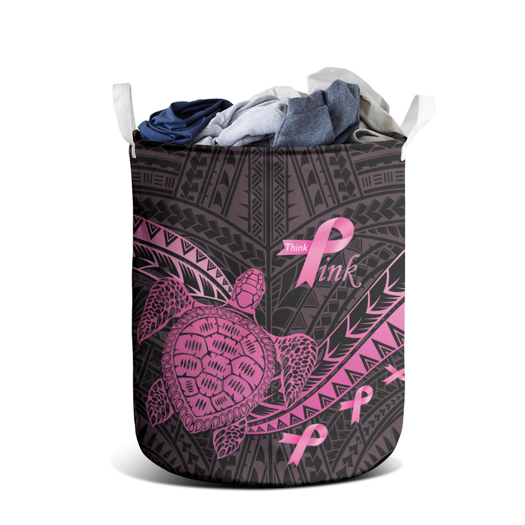 Breast Cancer Awareness Laundry Basket Pink Ribbon Turtle Polynesian Pattern Black