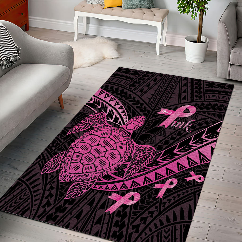 Breast Cancer Awareness Area Rug Pink Ribbon Turtle Polynesian Pattern Black