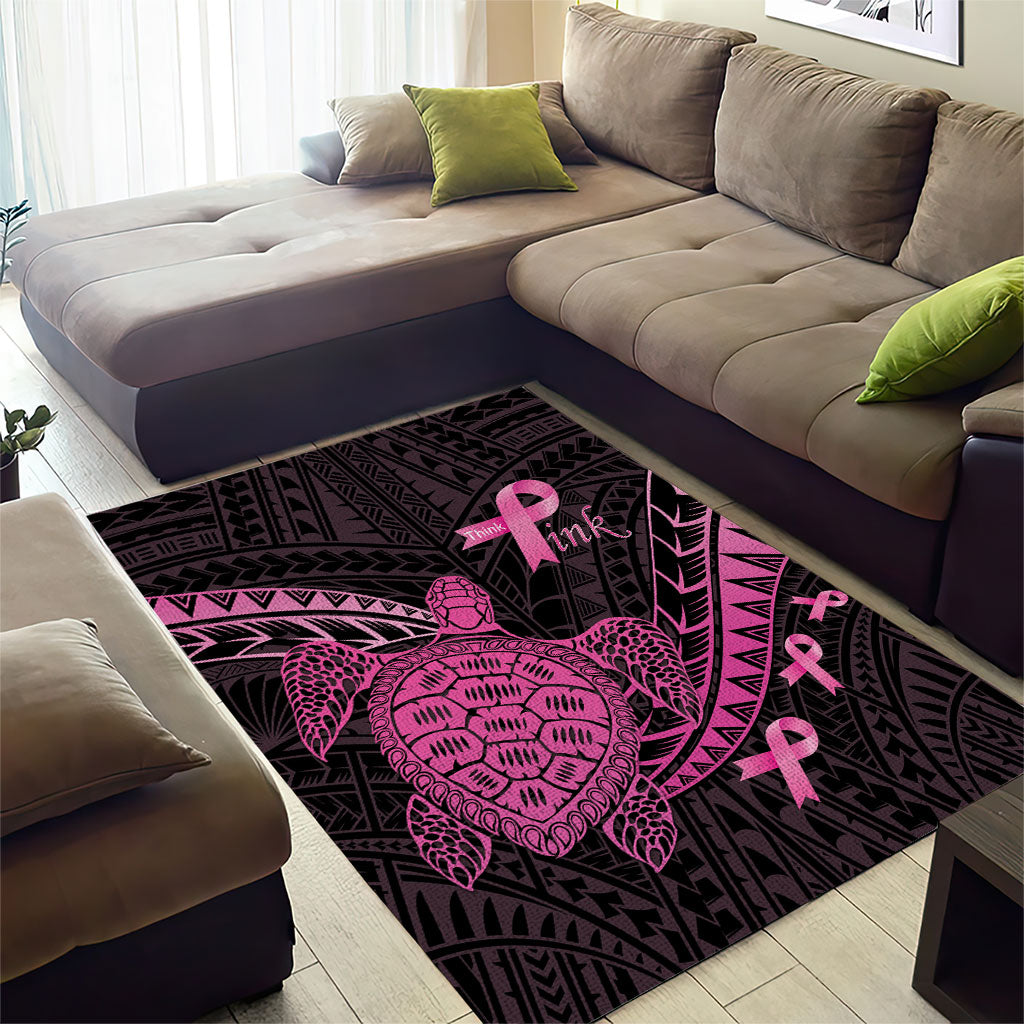 Breast Cancer Awareness Area Rug Pink Ribbon Turtle Polynesian Pattern Black