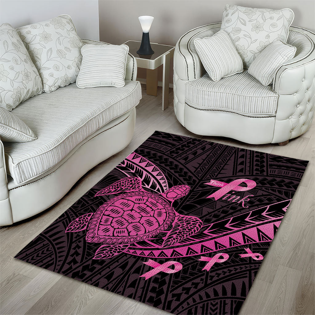 Breast Cancer Awareness Area Rug Pink Ribbon Turtle Polynesian Pattern Black