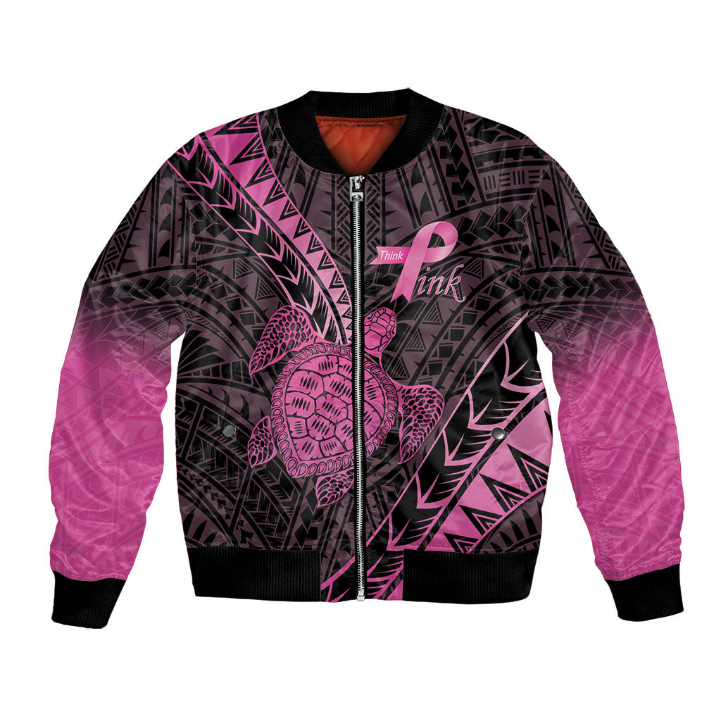 Breast Cancer Awareness Personalised Bomber Jacket Pink Ribbon Turtle Polynesian Pattern Black