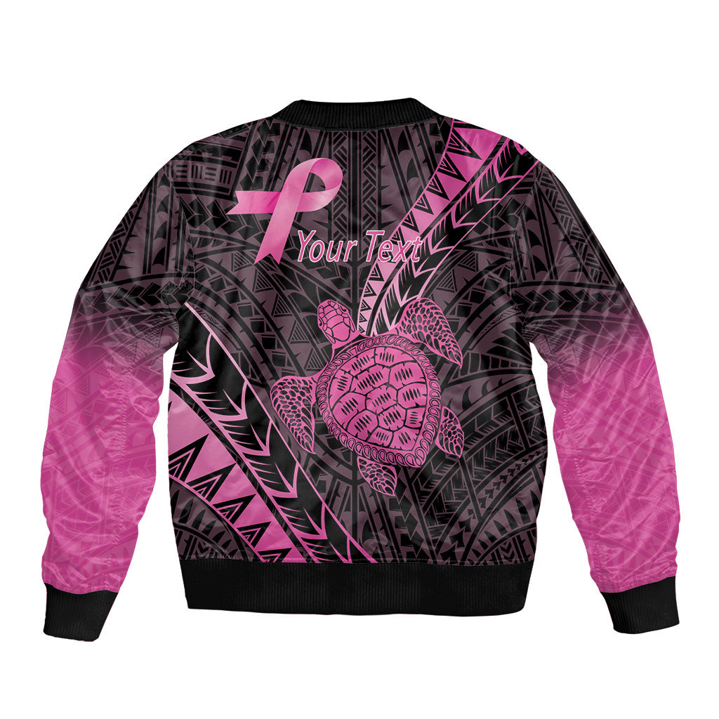 Breast Cancer Awareness Personalised Bomber Jacket Pink Ribbon Turtle Polynesian Pattern Black