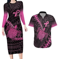 Breast Cancer Awareness Personalised Couples Matching Long Sleeve Bodycon Dress and Hawaiian Shirt Pink Ribbon Turtle Polynesian Pattern Black LT22 Pink - Polynesian Pride