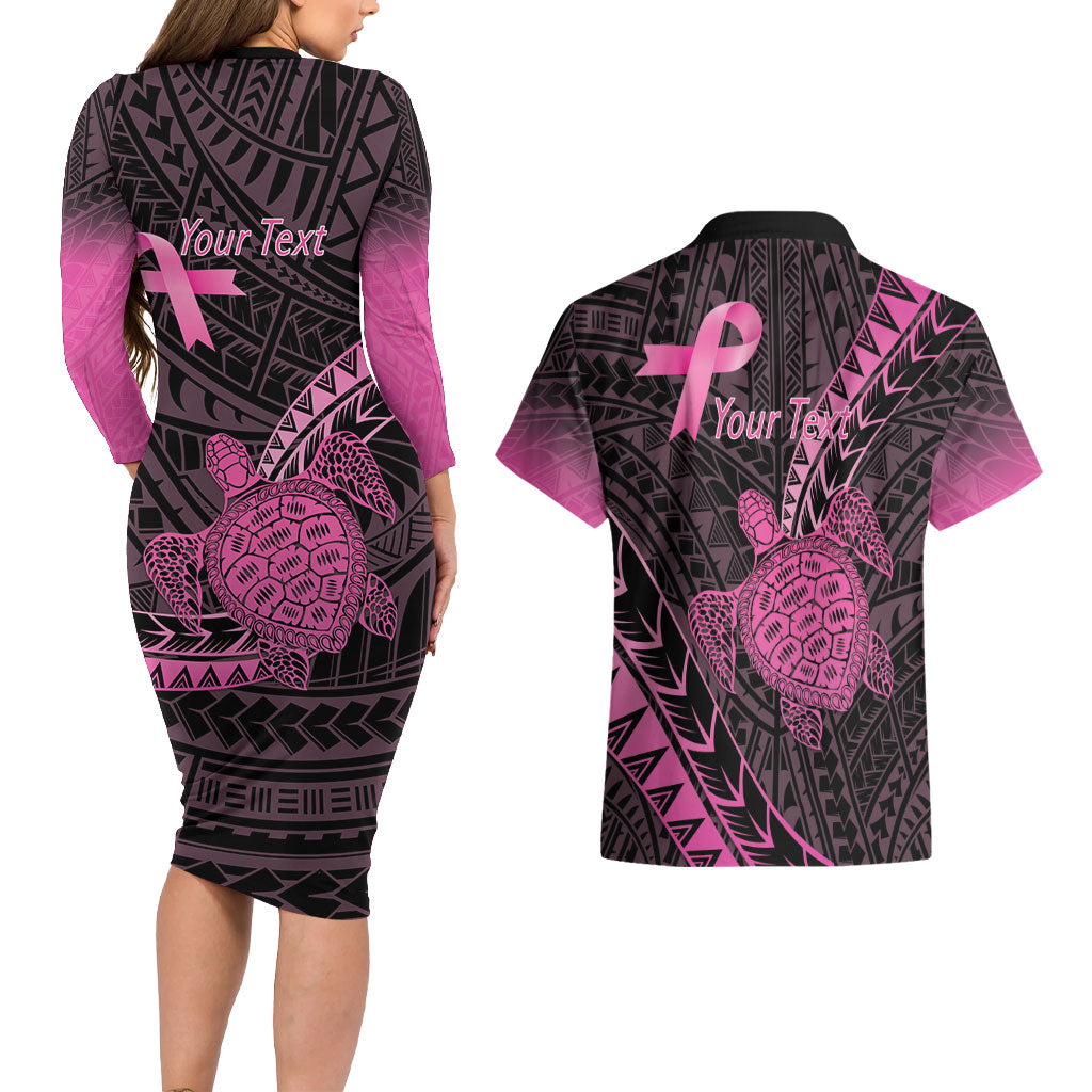 Breast Cancer Awareness Personalised Couples Matching Long Sleeve Bodycon Dress and Hawaiian Shirt Pink Ribbon Turtle Polynesian Pattern Black LT22 - Polynesian Pride