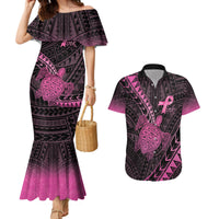 Breast Cancer Awareness Personalised Couples Matching Mermaid Dress and Hawaiian Shirt Pink Ribbon Turtle Polynesian Pattern Black LT22 Pink - Polynesian Pride