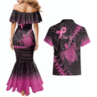 Breast Cancer Awareness Personalised Couples Matching Mermaid Dress and Hawaiian Shirt Pink Ribbon Turtle Polynesian Pattern Black LT22 - Polynesian Pride