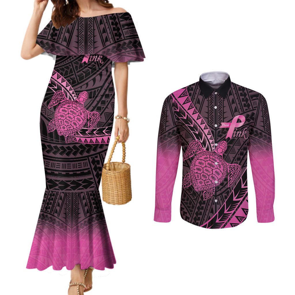 Breast Cancer Awareness Personalised Couples Matching Mermaid Dress and Long Sleeve Button Shirt Pink Ribbon Turtle Polynesian Pattern Black LT22 Pink - Polynesian Pride