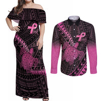 Breast Cancer Awareness Personalised Couples Matching Off Shoulder Maxi Dress and Long Sleeve Button Shirt Pink Ribbon Turtle Polynesian Pattern Black