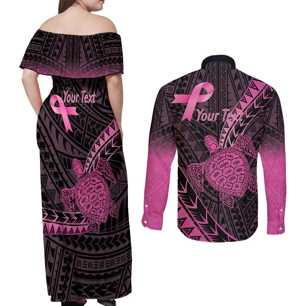 Breast Cancer Awareness Personalised Couples Matching Off Shoulder Maxi Dress and Long Sleeve Button Shirt Pink Ribbon Turtle Polynesian Pattern Black
