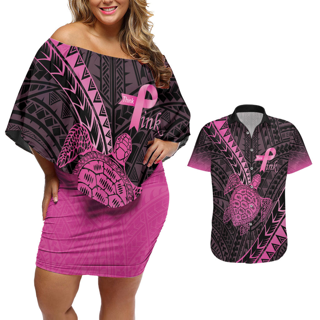 Breast Cancer Awareness Personalised Couples Matching Off Shoulder Short Dress and Hawaiian Shirt Pink Ribbon Turtle Polynesian Pattern Black