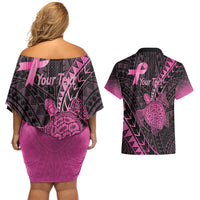 Breast Cancer Awareness Personalised Couples Matching Off Shoulder Short Dress and Hawaiian Shirt Pink Ribbon Turtle Polynesian Pattern Black LT22 - Polynesian Pride