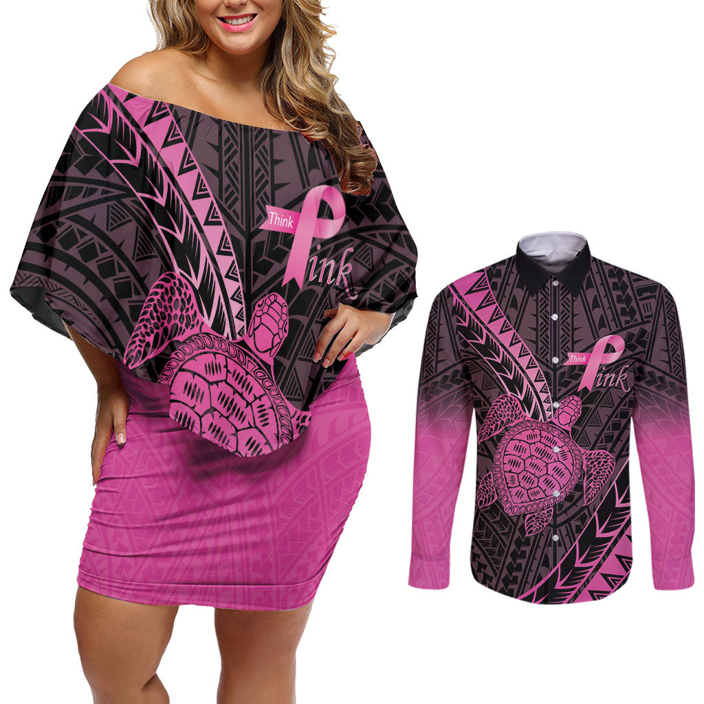 Breast Cancer Awareness Personalised Couples Matching Off Shoulder Short Dress and Long Sleeve Button Shirt Pink Ribbon Turtle Polynesian Pattern Black