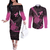 Breast Cancer Awareness Personalised Couples Matching Off The Shoulder Long Sleeve Dress and Long Sleeve Button Shirt Pink Ribbon Turtle Polynesian Pattern Black LT22 Pink - Polynesian Pride